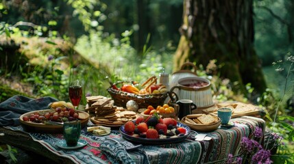 A forest glade picnic with a spread of summer treats - obrazy, fototapety, plakaty