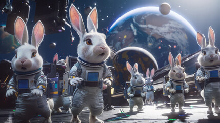 Squad of astronaut rabbits embarking on a spacewalk against the backdrop of a vibrant Earth - obrazy, fototapety, plakaty