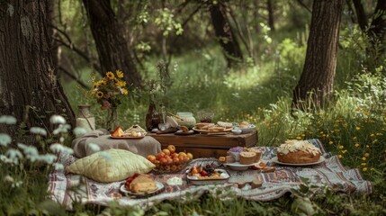 A forest glade picnic with a spread of summer treats - obrazy, fototapety, plakaty