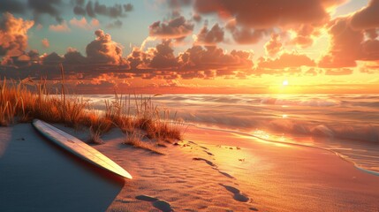Sunset over a sandy beach with a lone surfboard planted in the sand - obrazy, fototapety, plakaty