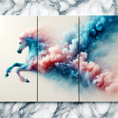 3d illustration, blue pink smoke horse panel wall art, room decoration with luxurious marble background, wall mockup decor pattern - Generative AI	
