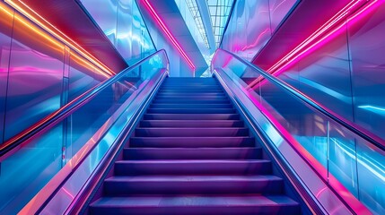 Obraz premium Sleek and Futuristic Staircase in a High-Tech Corporate Environment with Vibrant Neon Lighting and Cutting-Edge Design