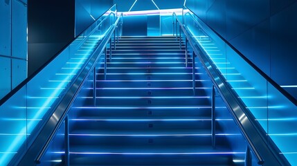 Futuristic and Sleek Corporate Staircase with Neon Lighting in a High-Tech Building Interior