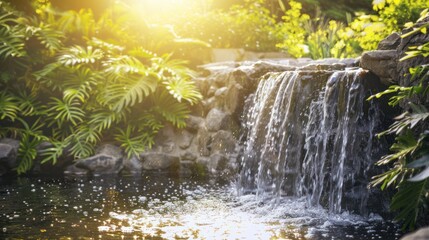 Waterfall in the garden with beautiful greenery, beautiful landscape with beautiful plants and flowers - obrazy, fototapety, plakaty