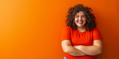 Happy woman smiling. confident girl laughing. orange background.