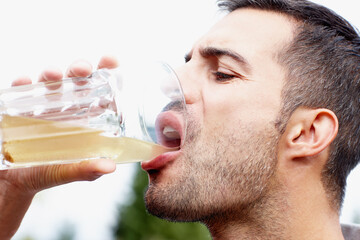 Man, drinking and healthy probiotic juice for natural, organic and refreshing liquid for energy....