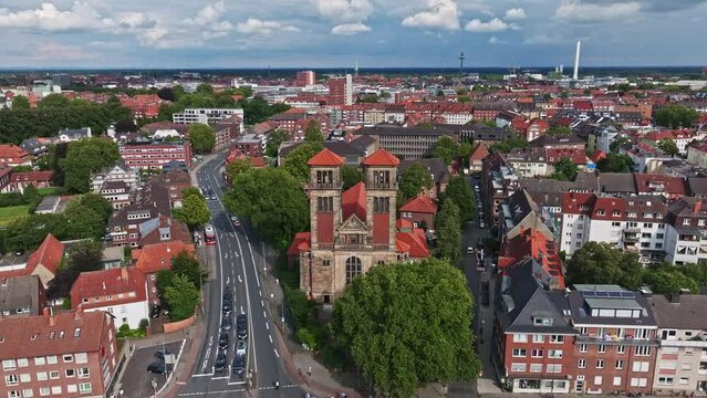 Aerial drone view of St. Antonius church in M&uuml;nster , Germany . 