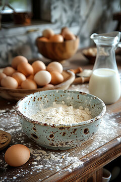 Home baking, with flour-dusted countertop and mixing bowl filled with flour for a homemade cake, with a jug of milk and bowl of fresh edds nearby.
