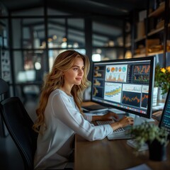 business woman working on a large computer screen ,analyzing financial data	
