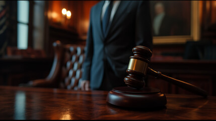 Judge's wooden gavel resting on the polished surface of a courtroom's desk, with a figure standing in the background.