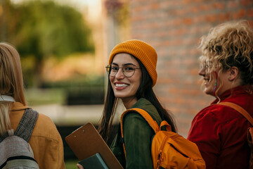 Female student glancing back while going to a class in college. Girl walking with friends going to class in college
