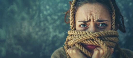 Dramatic portrayal of a woman with ropes tied around her, her eyes wide with fear and desperation.