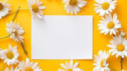 Fototapeta premium Flat lay Blank white paper space for text on yellow background with daisy frame.