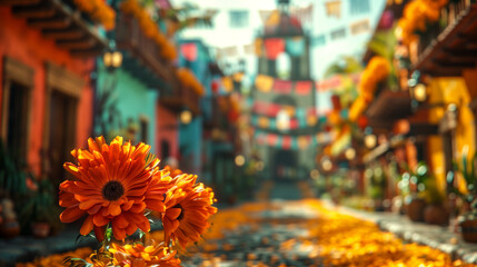 A vibrant street scene with marigolds and festive decorations. Blurry background with shallow depth of field.