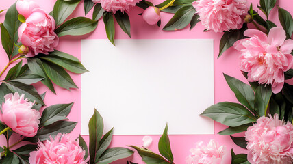 Blank white paper with peony frame ,mock up of greeting card, wedding invitation with copy space .