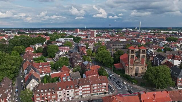 Aerial drone view of St. Antonius church in M&uuml;nster , Germany . 