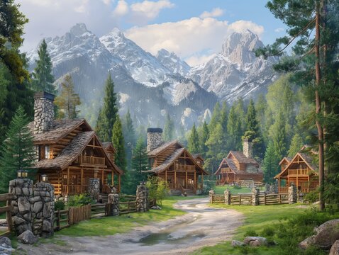 A mountain range is in the background of a painting of a small town with a dirt road leading to it. The houses are made of wood and there are several of them. The painting has a peaceful