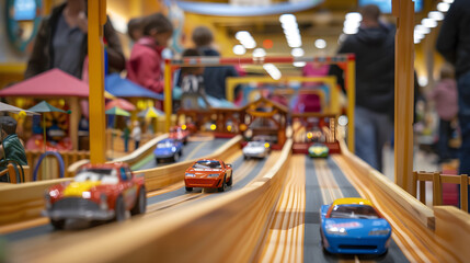 Captivating View of a Pinewood Derby Race in Full Swing: Order, Anticipation, and Excitement - obrazy, fototapety, plakaty