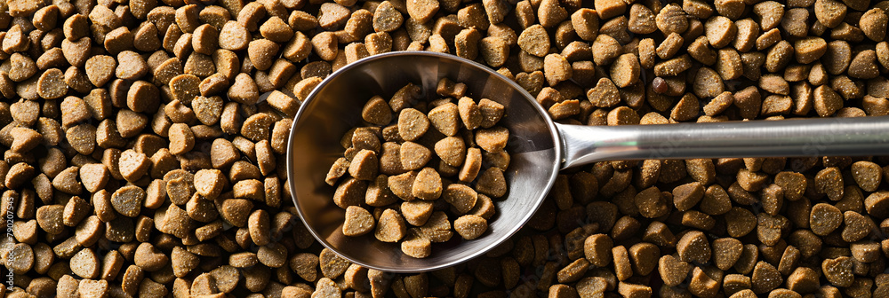 Wall mural dry pet food for dogs and cats. brown kibble meal in closeup with scoop.