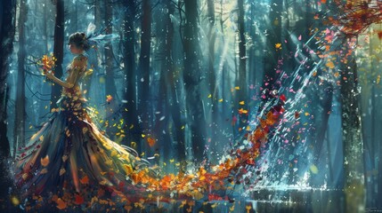Enchanted Autumn Forest Scene With Elegant Forest Fairy  Near Waterfall