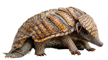 Fototapeta premium A Brazilian three-banded armadillo in a studio setting, displaying its unique armor-like banded shell and clawed feet.