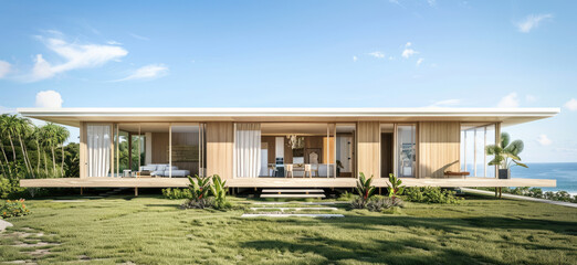 A modern twostory house with light wood cladding, gray walls and flat roof stands on the green lawn near an ocean beach in Australia.