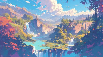 The design illustration captures the exquisite scenery appealing to those with a craving for wanderlust and a passion for picturesque landscapes - obrazy, fototapety, plakaty