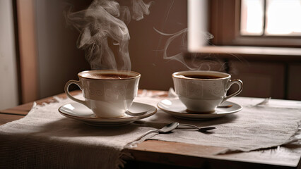 Fresh coffee steams on wooden table close up