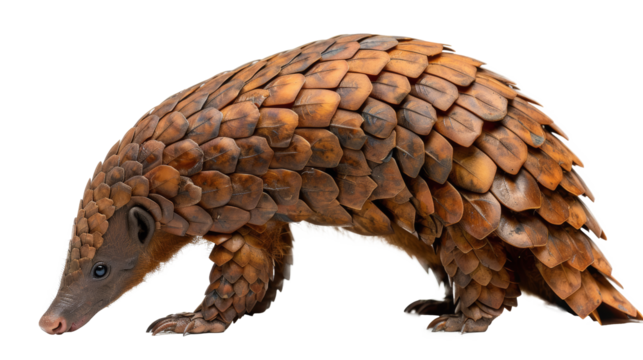 A pangolin with distinctive overlapping scales, curled tail, and a pointed snout, pictured against a plain light background.
