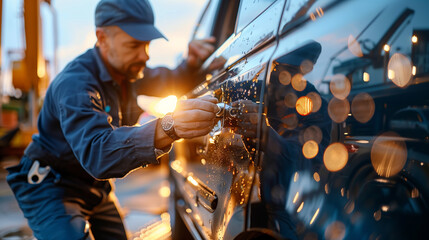 Professional Locksmith Working on Car Door, Security Expertise at Dusk