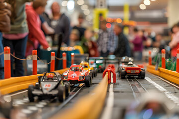 Captivating View of a Pinewood Derby Race in Full Swing: Order, Anticipation, and Excitement