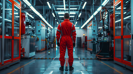 Engineer in Red Overalls Observing Modern Industrial Facility