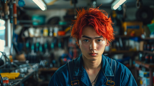 Young Mechanic with Fiery Red Hair and Steely Gaze in Cluttered Workshop