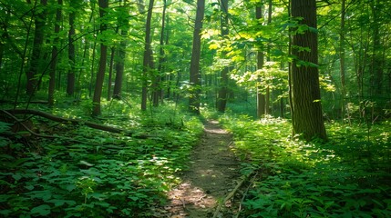 Fototapeta premium Lush Green Forest Trail with Dappled Sunlight Filtering Through Leaves,Inviting Summer Adventure
