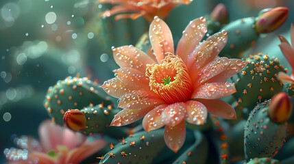 Naklejka na ściany i meble Enchanting Orange Cactus Flower with Dew, Ethereal Botanical Elegance