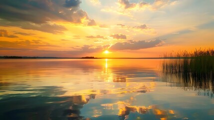 Obraz premium Serene Sunset Reflecting on a Tranquil Lake during a Peaceful Summer Evening