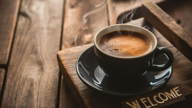 Fresh coffee steams on wooden table close up