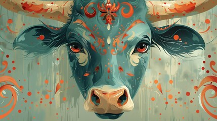 Capture the intense gaze of a powerful, confident bull symbolizing a booming stock market rise in a detailed oil painting