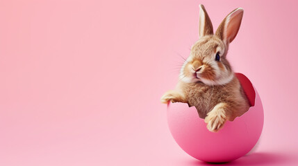 rabbit peeking out of easter egg on pink background,