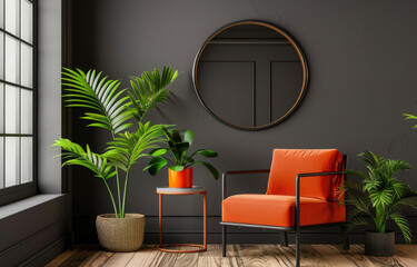 Minimalist interior design of a modern living room with a grey wall, a round mirror and an orange armchair