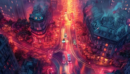 Design an eye-catching CG 3D rendering of a futuristic metropolis seen from a birds-eye perspective Incorporate sleek architecture, flying vehicles, and neon lights to create a dynamic and immersive  - obrazy, fototapety, plakaty