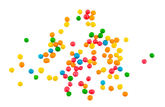 colorful sugar cake decoration balls, colorful candy splashes or confetti background, isolated on a transparent background, overlay graphic element
