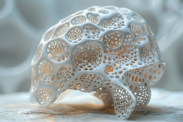 abstract white porous sculpture on marble background in soft light