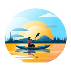 Minimalist UI illustration of Kayaking in a flat illustration style on a white background with bright Color scheme, dribbble, flat vector, up32K HD