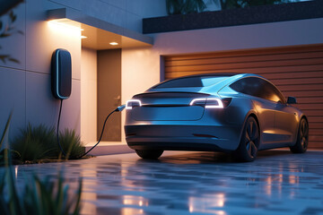 Electric car in the ambient light of twilight charges at a sleek wall-mounted charging unit outside a contemporary home.