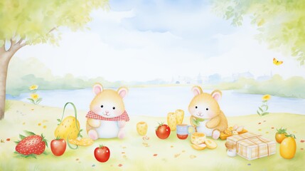 Guinea pigs in a picnic scene, watercolor food and laughter, under soft sunlight
