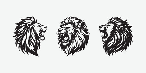 set of 3 lion head angry roaring logo vector silhouette, shows power and strenght
