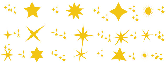 Sparkles, stars and bursts icons, twinkling stars.Vector set of different black sparkles icons on transparent background. Vector illustration