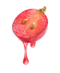 Red grape juice dripping from cut in half isolated on white background.