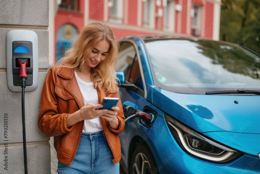 Wall mural A smiling woman enjoys her smartphone, clad in a trendy leather jacket, while her vivid blue electric car charges at a city charge point.